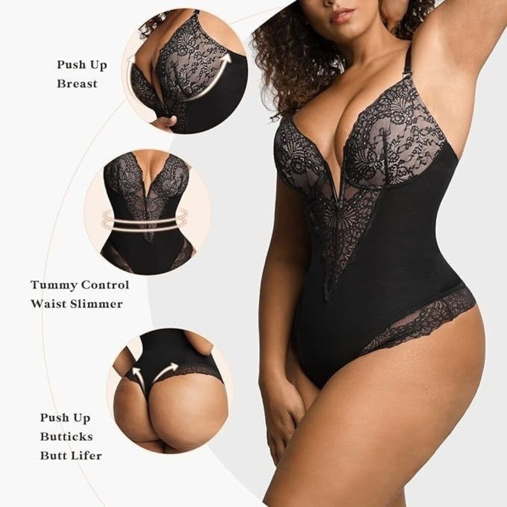 Popilush Lace Shapewear Bodysuit Thong Tummy Control Backless BLACK XL - Picture 5 of 6